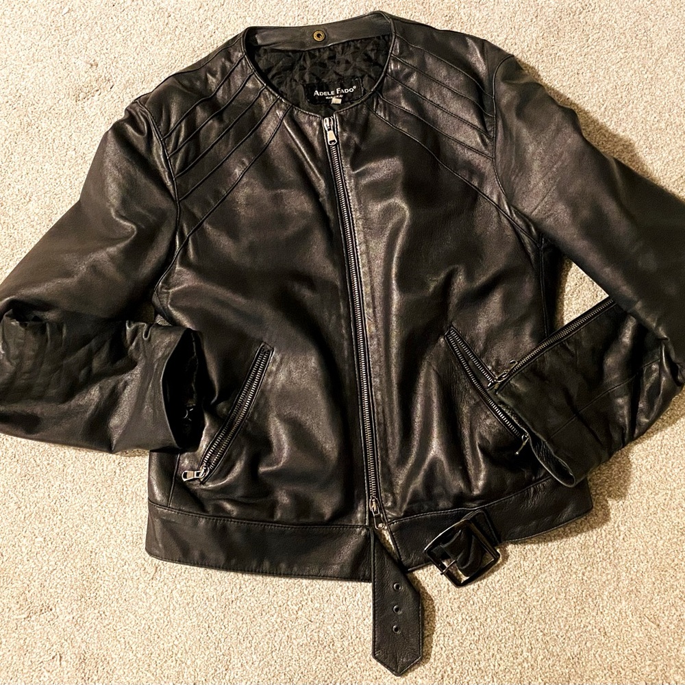 Soft, quilted lined, moto style Italian leather jacket.